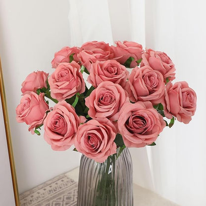 Pink Fake Roses Artificial Flowers - 10 Pcs Fake Artificial Roses Silk Flowers with Stems for Home Wedding Hotel Office Centerpiece Decor（Dusty Pink）