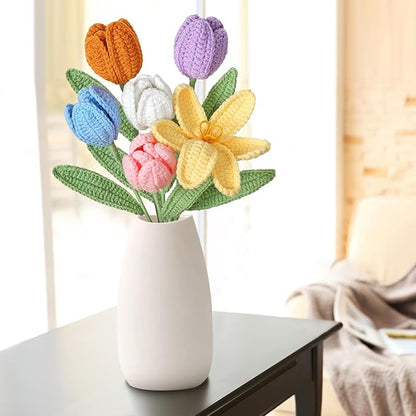Dremisland Crochet Flowers 6PCS Crochet Tulips Finished Handmade Knitted Flowers Crocheted Bouquets Pastel Floral Gift for Mothers Girls Friends Teacher Gifts for Women,Graduation Flower Home Decor