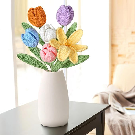 Dremisland Crochet Flowers 6PCS Crochet Tulips Finished Handmade Knitted Flowers Crocheted Bouquets Pastel Floral Gift for Mothers Girls Friends Teacher Gifts for Women,Graduation Flower Home Decor