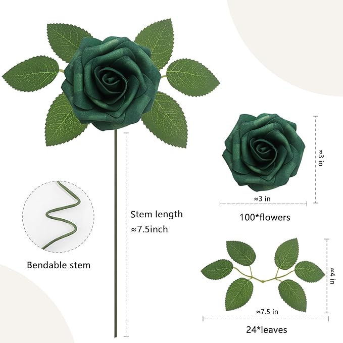 Artificial Flowers Roses Real Looking Foam Fake Roses with Leaves and for DIY Wedding Bouquets Bridal Shower Centerpieces Party Decorations (Peacock Green, 100)