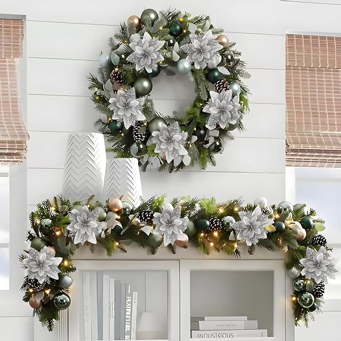 12 PCS Poinsettia Flower Artificial Silver Christmas Flowers Artificial 5.5'' Glitter Poinsettias Artificial Christmas Tree Flower with Clips DIY Xmas Wreath Holiday New Year Home Party Decor