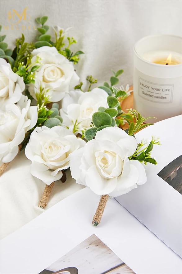Meldel Ivory White Rose Boutonnieres for Men Wedding, Set of 2, Artificial Corsage for Prom, Groom and Groomsmen Boutonniere for Ceremony, Formal Dinner Party, Fall Rustic Wedding, Homecoming