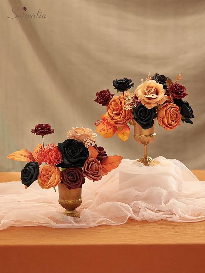 Serwalin Fall Flowers Vintage Orange & Black Artificial Flowers Halloween Black Wedding Flowers Combo for Wedding Bouquets Centerpieces Flower Arrangements Decorations