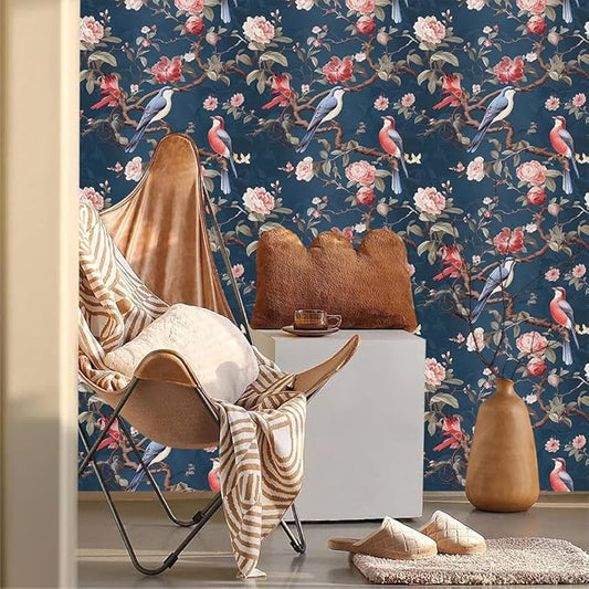 Abstract Blue Red Birds Floral Vintage Peel and Stick Wallpaper Easy Peel Off Contact Paper Stick on Adhesive Wall Paper for Bathroom Waterproof Renter Friendly