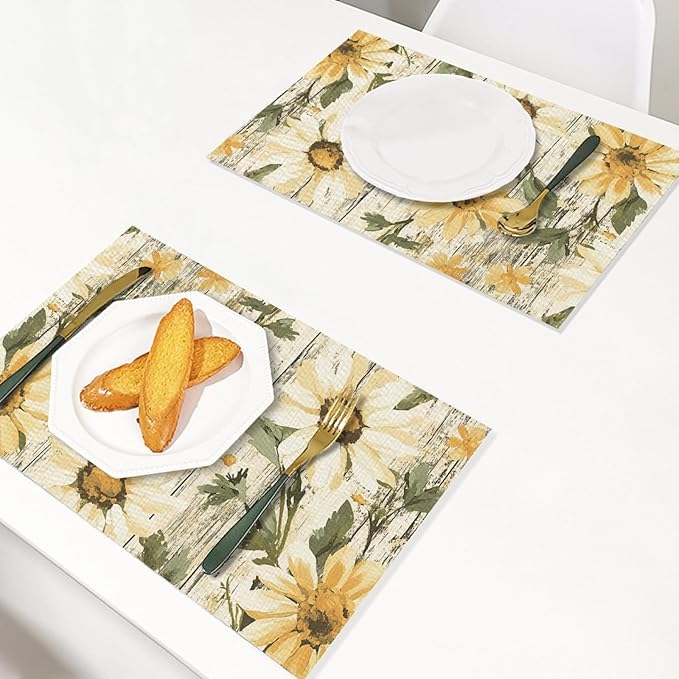 Placemats Set of 4 Waterproof Oilproof Table Mats Oil Painting Daisy Washable Wipeable Heat Resistant Easy to Clean for Indoor Outdoor Party Kitchen Dining Table Decoration 12 * 18in