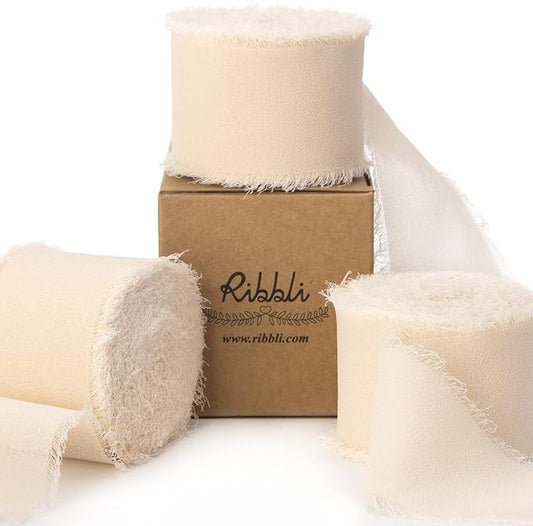 Ribbli Chiffon Ribbon - 1.5 inch x 30 Yard Champagne/Nude Silk, Handmade for Wedding Invitations, Gift Wrapping, Bridal Bouquets, Flower Arrangements