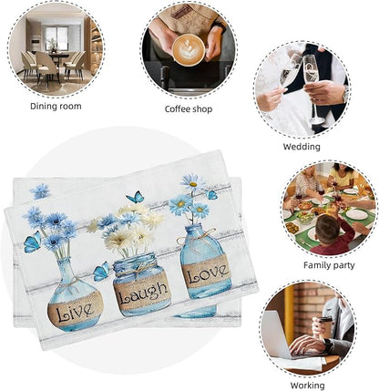 Daisy Flower Placemats Set of 6 Farmhouse Blue White Daisy Floral Table Mats Washable Place mats for Home Party Indoor Kitchen Dining Table Decoration 12x18 Inch