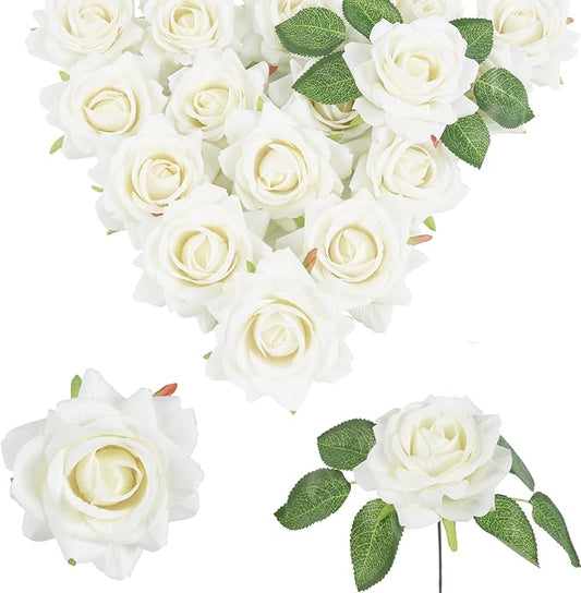 White Roses 16pcs Velvet White Artificial Roses Flowers 3.15" Silk Roses for Bridal Bouquet Wedding Flowers for Floral Centerpieces Home Party Decor (White)