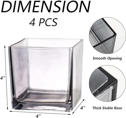 Square Glass Vases Set of 4, 4"x 4"x 4" Flower Vases for Centerpieces, Grey Glass Vase for Flowers, Small Vase for Wedding, Party, Home Office Decoration