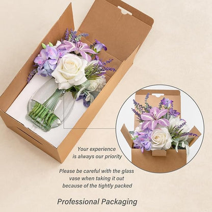 WELL KNOWN Fake Flowers in Vase Artificial Flowers with Fake Water, Real Touch Faux Silk Rose & Blooming Tulips Spring Flower with Lavender Arrangements for Table Decor (White Purple)