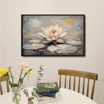 Ethereal white lotus floating on Crystal Waters poster vintage oil painting printwall art soft blush and gold accents serene home and office decor dreamy 20x30in Metal blackFramed
