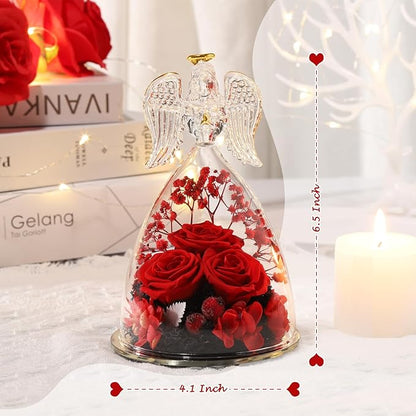 ANWEAO Preserved Flowers Birthday Gifts for Her Preserved Real Rose in Angel Glass Crystal Angel Figurines for Her Ideal Birthday,Mother's Day,Wedding,Valentine's,Christmas,Thanksgiving Day