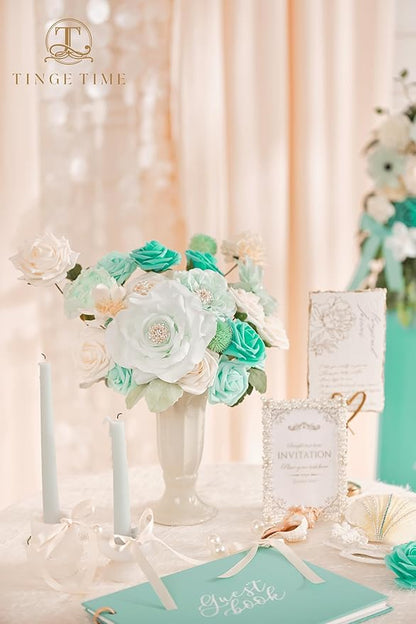TINGE TIME Artificial Flowers Combo Mix Silk Flowers Teal Green Roses w/stem for DIY Wedding Bridal Bouquets Baby Shower Floral Arrangement Table Centerpieces Home Decorations (TealGreen&Champagne)