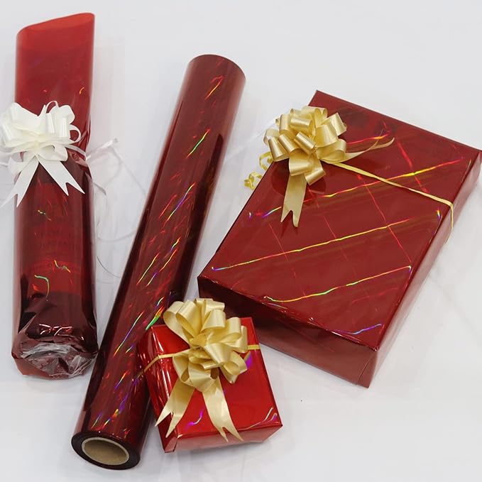 CMFYHM Iridescent Red Cellophane Wrap Roll I 34 In Wide X 50 Ft Long I Colorful Cello Perfect For Baskets,Gifts, Treats,Birthday Holiday Wedding Floral, Party Arts Crafts Decoration (Red)