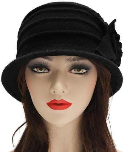 ZLYC Women Wool Cloche Bucket Hat 1920s Vintage Dress Winter Hats with Flower Accent