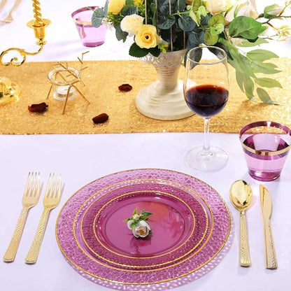 Nervure 150PCS Clear Purple Plastic Plates - Gold Party Plate - Purple and Gold Plate Include: 50 Plates, 25Cups, 25Forks, 25Knives, 25Spoons for Wedding & Party