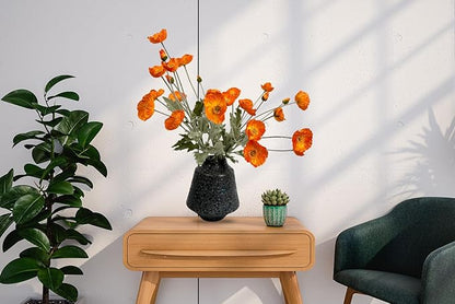 Set of 6 Poppies Flowers Artificial Silk Flowers with Long Stems Faux Wildflowers Bouquet for Vases Oil Pastel Style for Wedding Party Indoor Home Office Decor (Orange)