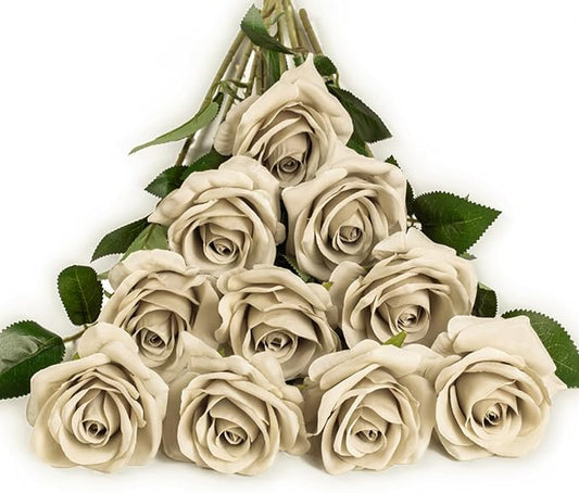 DuHouse 10pcs Silk Roses Artificial Flowers Fake Rose for Arrangement Wedding Party Home Decoration (Sand)