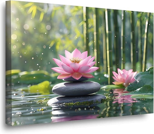 Ethereal pink lotus on obsidian Sunlit bamboo forest with sparkling water drops Poetic nature inspired wall art for tranquil homes and mindful spaces 20x30in Wood Framed
