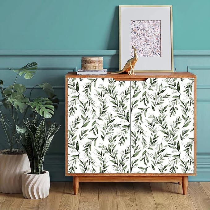 Erfoni Green Leaf Peel and Stick Wallpaper Green Contact Paper 17.7"x 118.1" Boho Leaves Self Adhesive Wallpaper Modern DIY Removable Wall Paper for Bedroom Cabinets Decor Vinyl Roll