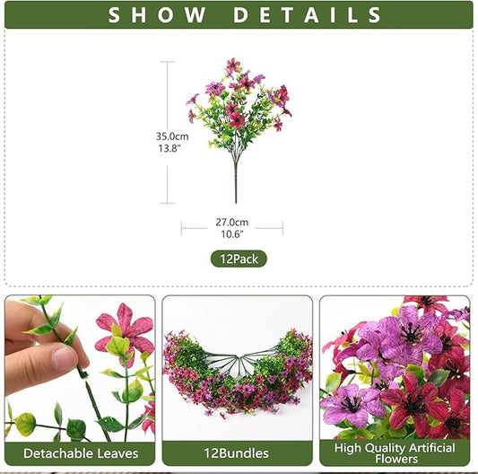 Homsunny Artificial Mums Fake Flowers for Outdoors Decoration, 12 Bundles Faux Silk Daisy Plants UV Resistant for Outside Garden Front Door Porch Planter Patio Yard (Light and Fuchsia)