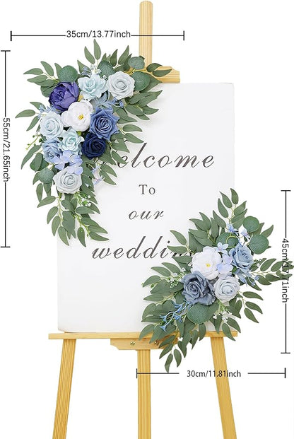 Wedding Welcome Signs Floral(Pack of 2)，Wedding Arch Flowers for Wedding Decorations and Reception Backdrop Decoration（New Blue）
