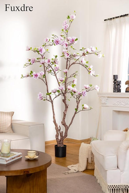 Faux Magnolia Tree 6.8 ft - with 57 Pcs White-Purple Flowers - Tall Artificial Plants Indoor, Large Fake Plant Perfect Potted Magnolia Flower Decor for Living Room, Stairs, Shop, Porch, Study Room