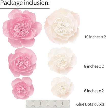 Crepe Paper Flowers Decoration for Wall, Flowers for Wedding Decor,Flower Backdrop Decor,Baby Shower,Birthday Party,Photo Backdrop,Archway Decor, Nursery Wall Decor (White+Pink ;Set/6)