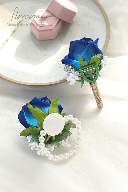Floroom Royal Blue Rose Wrist Corsage Wristlet Band Bracelet and Men Boutonniere Set for Wedding Flower Accessories Prom Suit Decorations