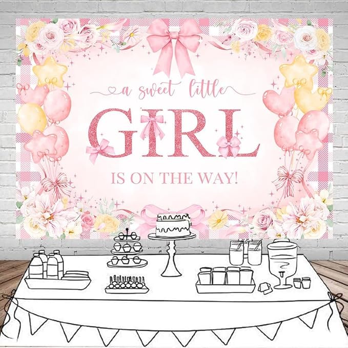 Mocsicka Bow Baby Shower Backdrop Pink Floral Baby Girl Shower Photo Background Banner Sweet Little Girl on The Way Decorations for Baby Shower Party Supplies Photo Props (6x4ft (72x48 inch))
