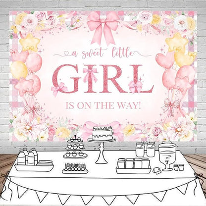 Mocsicka Bow Baby Shower Backdrop Pink Floral Baby Girl Shower Photo Background Banner Sweet Little Girl on The Way Decorations for Baby Shower Party Supplies Photo Props (10x8ft (120x96 inch))