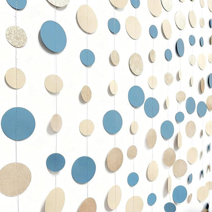 Champagne Gold Dusty Blue Beige Circle Dot Garland Hanging Paper Polka Dot Streamer for Men Boy Birthday Baby Shower Wedding Bridal Shower Retirement Engagement Bachelorette Party Decorations Supplies