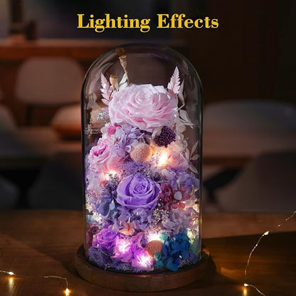 Flowers for Delivery - Forever Flowers Rose in Glass Dome with LED Lights, Large Size Preserved Roses Gifts for Women, Mom, Wife, Friend -Birthday, Anniversary, Valentine's Day Gift (Pink + Purple)