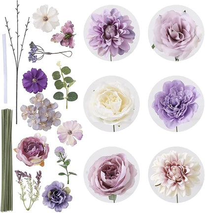 Floweroyal 2 Layers Artificial Flowers Combo Purple Flowers Mix Silk Flowers Dahlia Roses with Stems for Wedding Bridal Bouquets, Baby Shower, Floral Arrangement, Table Centerpieces