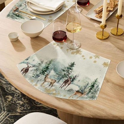 Artoid Mode Christmas Snowflakes Deers Wedge Placemats for Round Table Set of 4, Winter Seasonal Kitchen Dining Table Decoration for Indoor Party Home