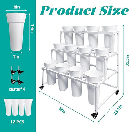 PROLEE Flower Stand with 12 Buckets, Flower Display Stand with Wheels, Flower Cart, Moving Florist Bouquet Shelf, Rectangular, White