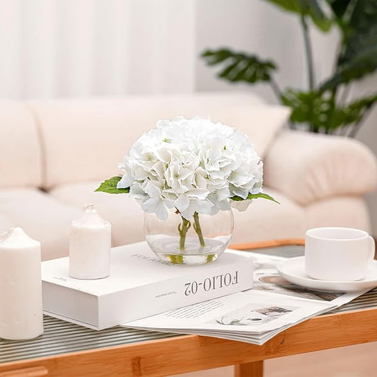 Artificial Hydrangea with Fake Water in Vase, Real Touch Faux Flowers, Silk Fake Hydrangea Flower Arrangement with Faux Water for Home Office Bathroom Wedding Table Centerpiece Decor(White)