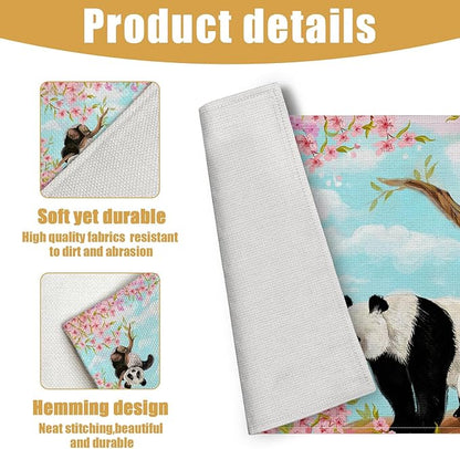 Cute Panda Placemats Set of 6, Sakura Tree Linen Place Mat Washable Stain Resistant Table Mats for Farmhouse Kitchen Dining Holiday Party Wedding Decor 12x18 Inch