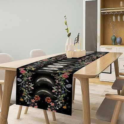 Boho Floral Table Runner, Spring Gothic Moon Phase Wildflower Mystical Witchy Farmhouse Coffee Table Center Decor for Home Kitchen Dining Patio Holiday Party Table Decorations 13x108 inches