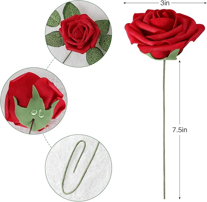 AmyHomie Artificial Flower Dark Red Rose 25pcs Real Looking Fake Roses w/Stem for DIY Wedding Bouquets Centerpieces Arrangements Party Baby Shower Valentines Day Christmas Tree Decorations