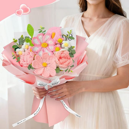 Crochet Flower Bouquet, Pink Knitted Flowers, Handmade Crochet Roses Calla Lily Gasang for Lover Anniversary Birthday Party Mother's Day Graduation Gifts (Pink)
