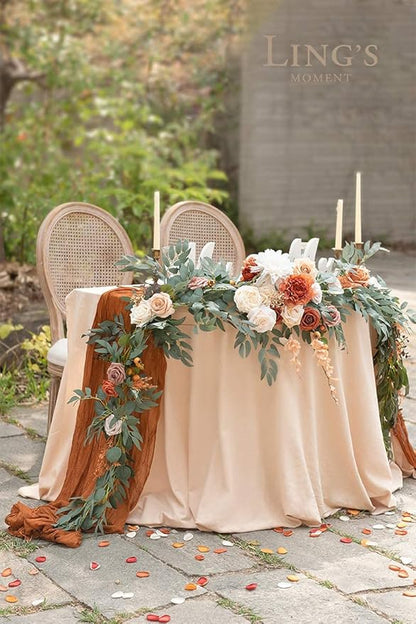 Ling's moment Fall 9FT Flower Garland for Backdrop Decorations - Wedding Arch Flowers, Eucalyptus & Rose, Artificial Floral Garland for Mantle - Sweetheart Table Decor for Ceremony, Terracotta
