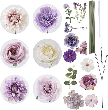 Artificial Flowers Combo Box Set Purple Fake Silk Flower for DIY Wedding Bouquet Arrangements Bridal Shower Party Home Decorations(White Purple Peony)