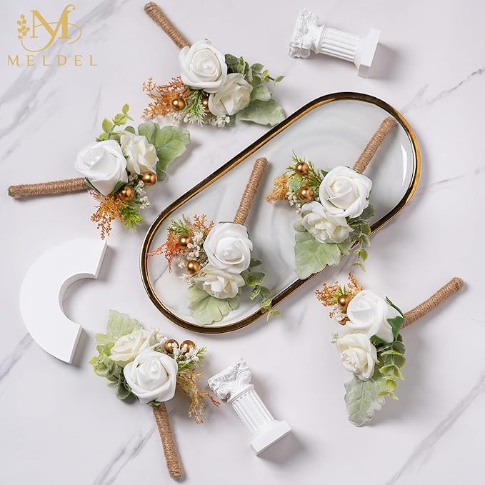 Meldel White Boutonniere for Men Wedding,Set of 6,Groom and Groomsman Boutonniere for Wedding,Greenery Rose Corsage for Men Ceremony Anniversary Party Prom Homecoming