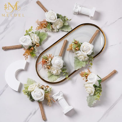Meldel White Boutonniere for Men Wedding,Set of 6,Groom and Groomsman Boutonniere for Wedding,Greenery Rose Corsage for Men Ceremony Anniversary Party Prom Homecoming