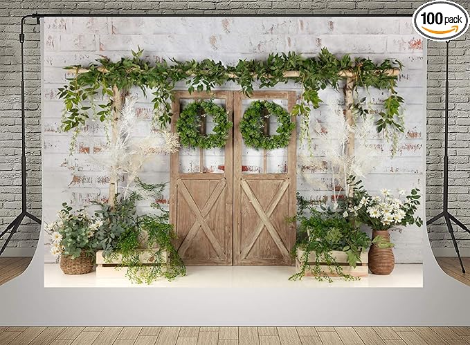 Kate Rustic White Painted Brick Wall Wood Door Photography Backdrops 20x10ft Spring Green Grass and Flowers Photo Backgrounds Baby Shower Backdrop Photoshoot Props