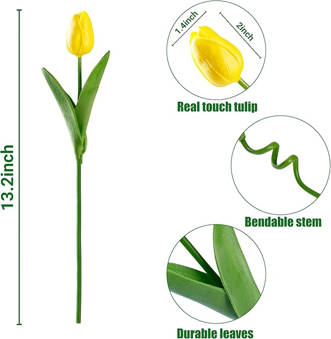Sggvecsy 15 Pcs Fake Tulips Artificial Flowers Real Touch PU Faux Flowers Tulip Stems for Wedding Spring Bouquet Floral Arrangement Home Party Office Decorations for Mother's Day (Yellow)