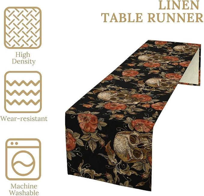 Gothic Table Runner,Vintage Skull Red Floral Pattern Table Runner for Home Kitchen Table Dining Garden Farmhouse Wedding Party Decor 13x36 Inch