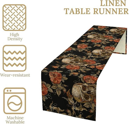 Gothic Table Runner,Vintage Skull Red Floral Pattern Table Runner for Home Kitchen Table Dining Garden Farmhouse Wedding Party Decor 13x36 Inch