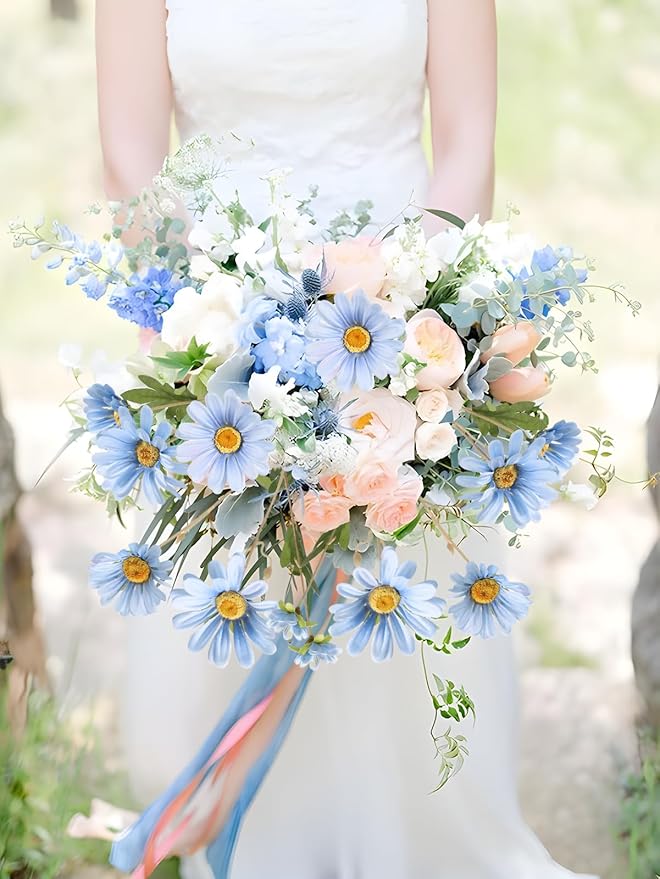 Light Blue 6Pcs Artificial Daisy Flowers 36 Heads 29.52” Long Stem Fake Wild Flowers for Room Home Decor Bath Party Wedding Garden Tall Vase Arrangement(Light Blue)